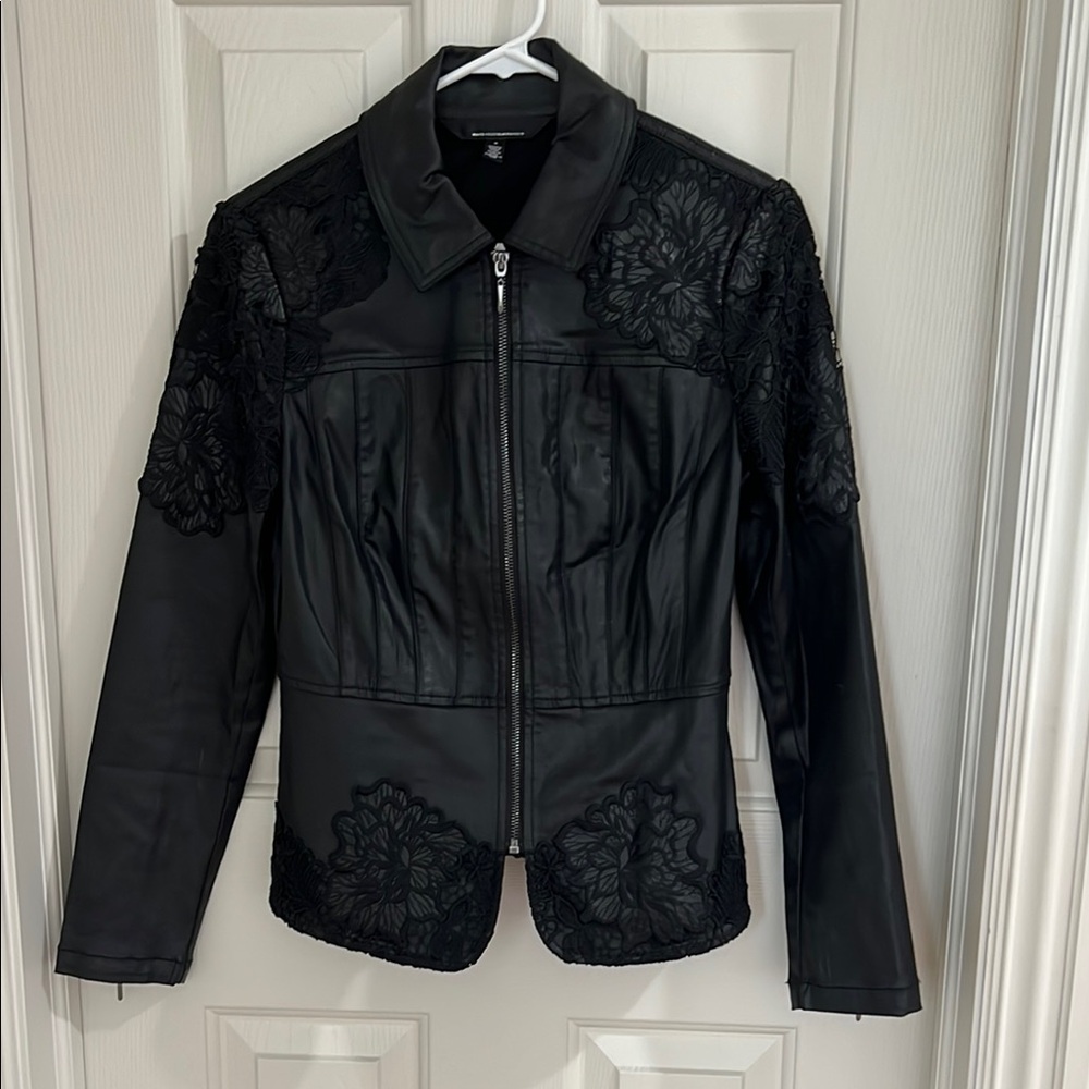 White House Black Market Black Faux Leather Jacket with lace detail.